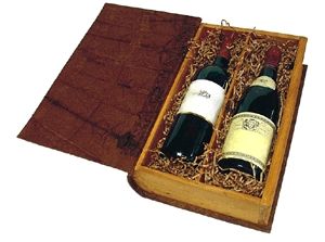 Fából készült dupla bortartó doboz - sötétbarna - gyűrött karton borítással